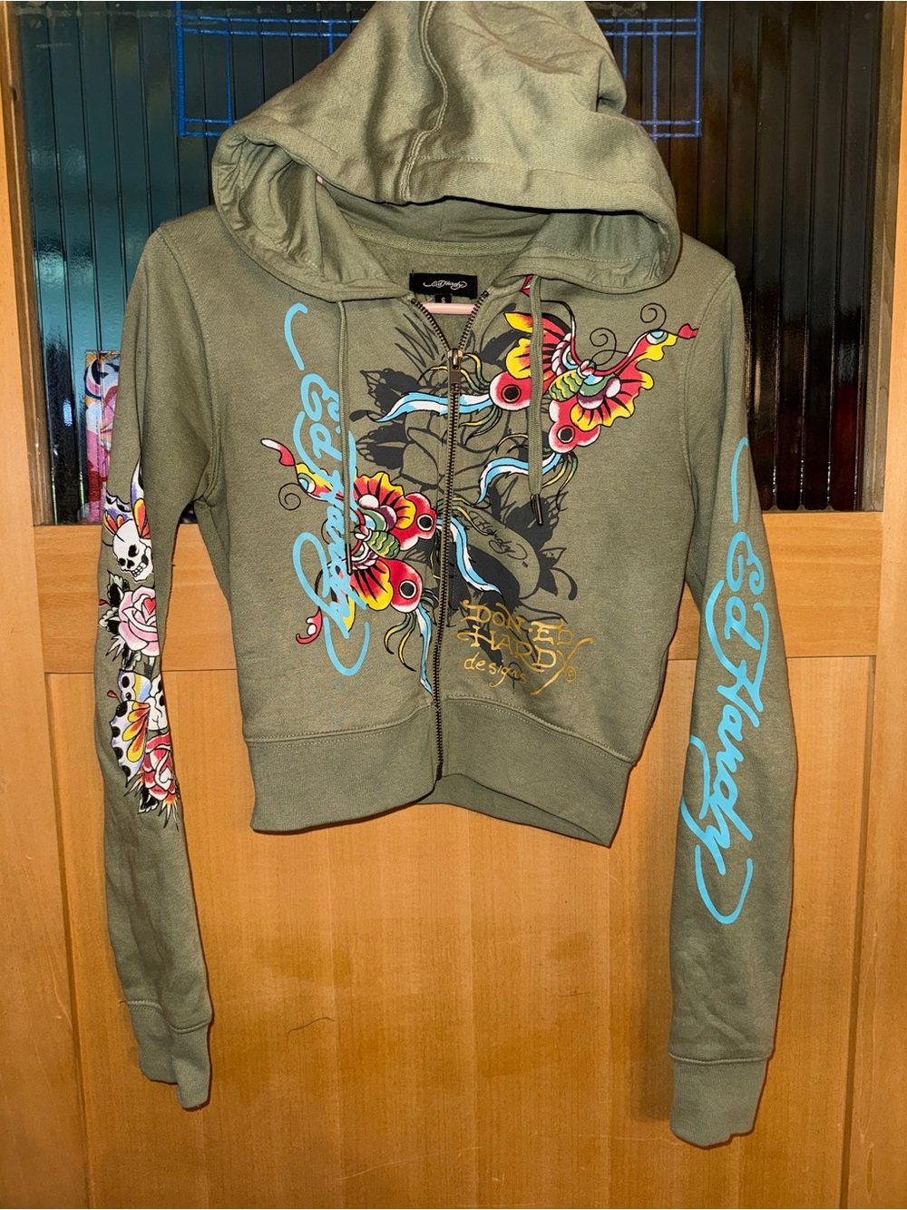 Ed Hardy Hoodie Womens Extra Small Small Green Fleece Butterflies